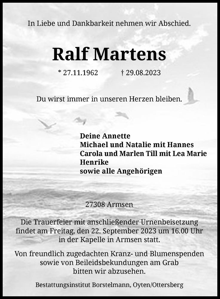  Traueranzeige für Ralf Martens vom 16.09.2023 aus SYK