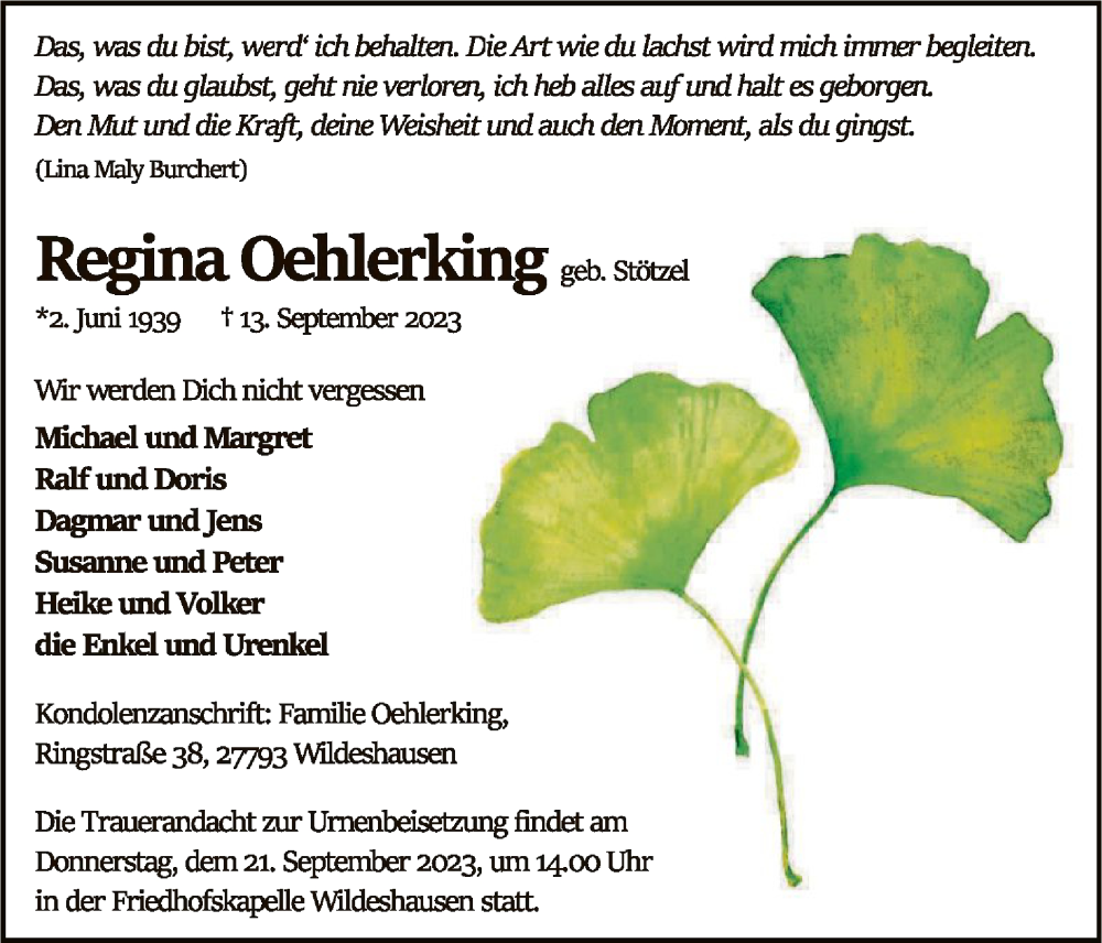  Traueranzeige für Regina Oehlerking vom 16.09.2023 aus SYK