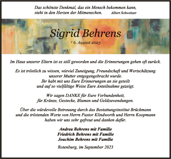 Traueranzeige von Sigrid Behrens von SYK