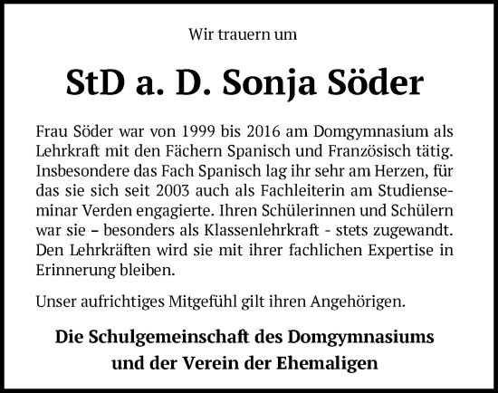 Traueranzeige von Sonja Söder von SYK