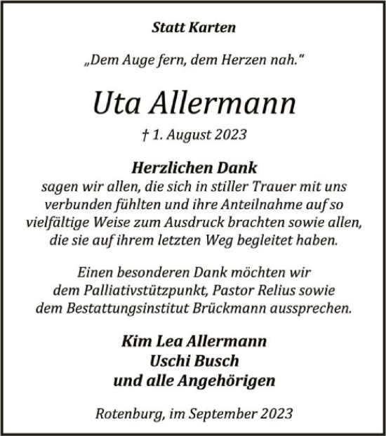 Traueranzeige von Uta Allermann von SYKSYK