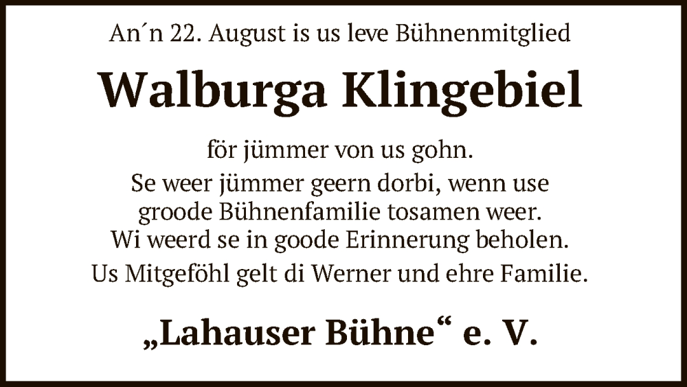  Traueranzeige für Walburga Klingebiel vom 02.09.2023 aus SYK