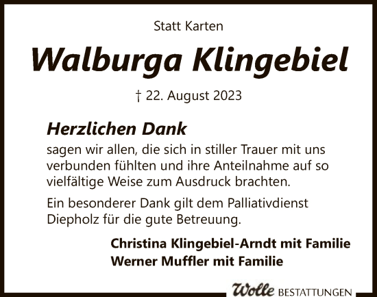 Traueranzeige von Walburga Klingebiel von SYK