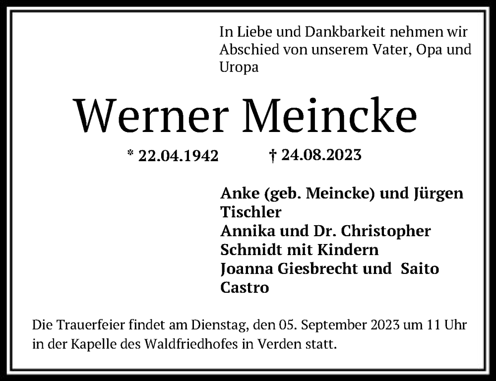  Traueranzeige für Werner Meincke vom 02.09.2023 aus SYK