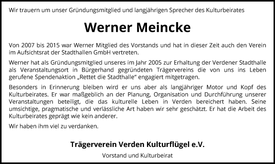 Traueranzeige von Werner Meincke von SYK