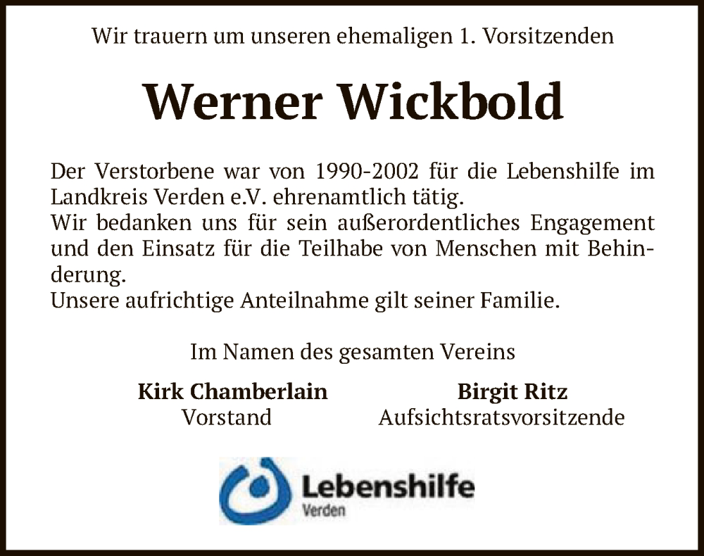  Traueranzeige für Werner Wickbold vom 19.09.2023 aus SYK
