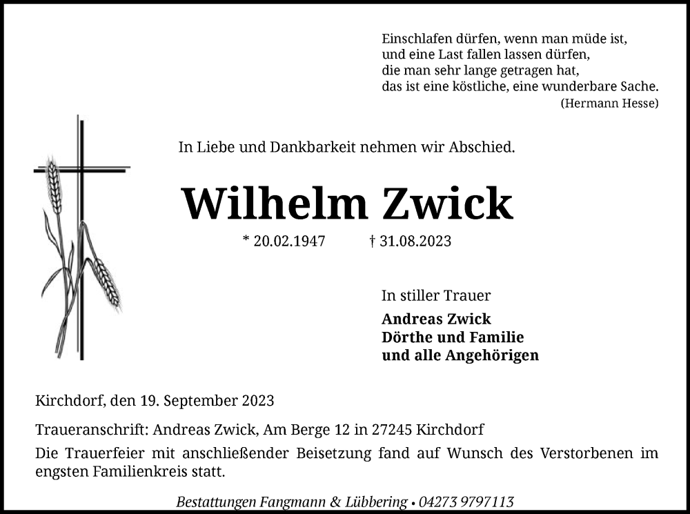  Traueranzeige für Wilhelm Zwick vom 19.09.2023 aus SYK