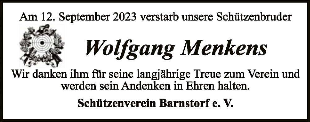  Traueranzeige für Wolfgang Menkens vom 16.09.2023 aus SYK