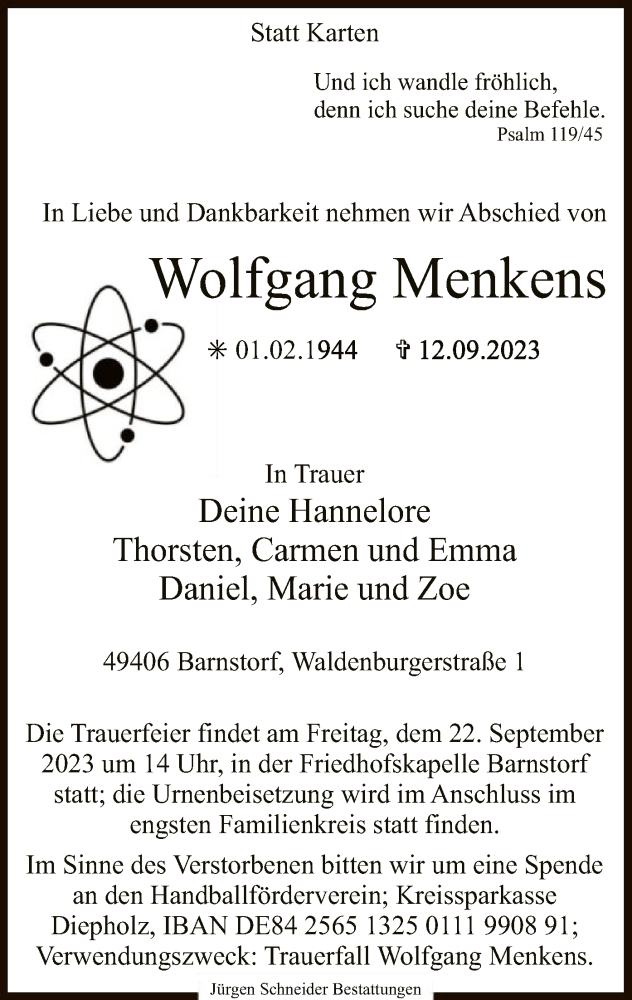 Traueranzeige für Wolfgang Menkens vom 16.09.2023 aus SYK