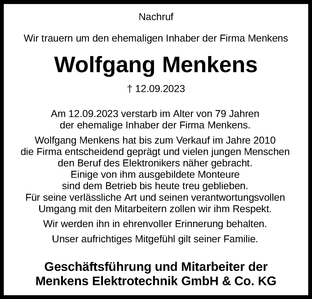  Traueranzeige für Wolfgang Menkens vom 22.09.2023 aus SYK