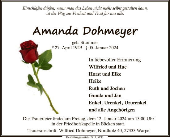 Traueranzeige von Amanda Dohmeyer von SYK