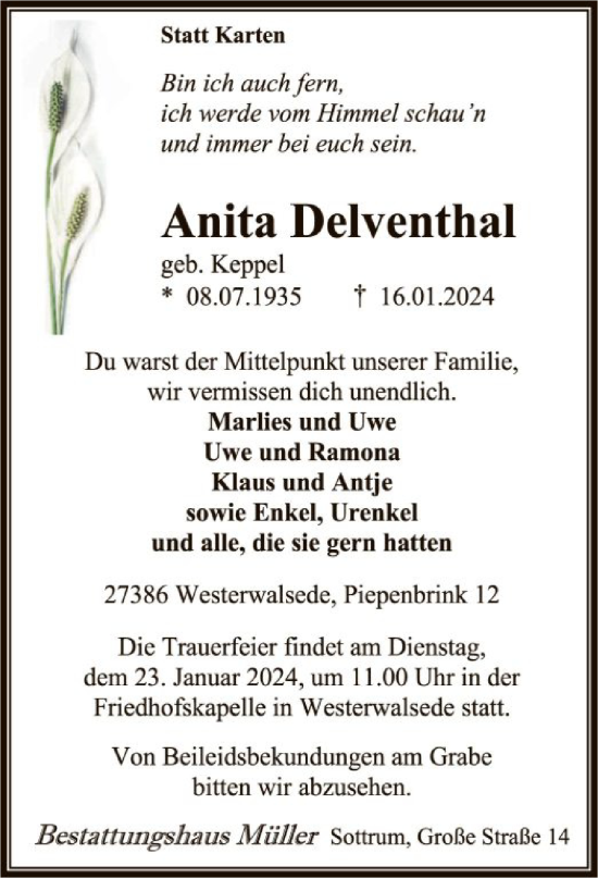 Traueranzeige von Anita Delventhal von SYK