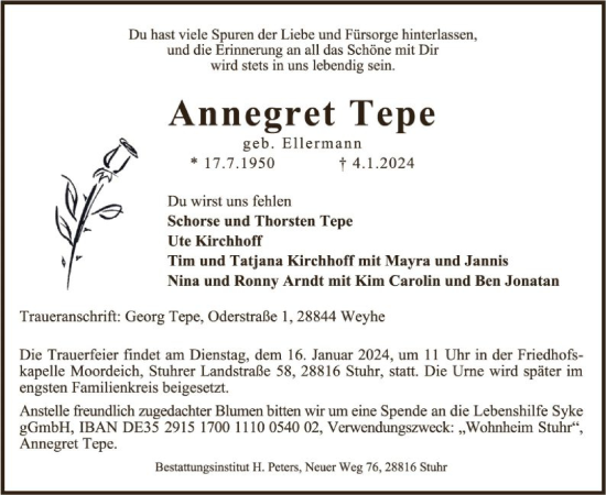 Traueranzeige von Annegret Tepe von SYK