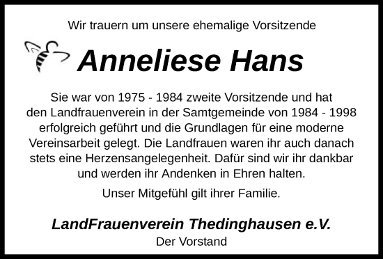 Traueranzeige von Anneliese Hans von SYK