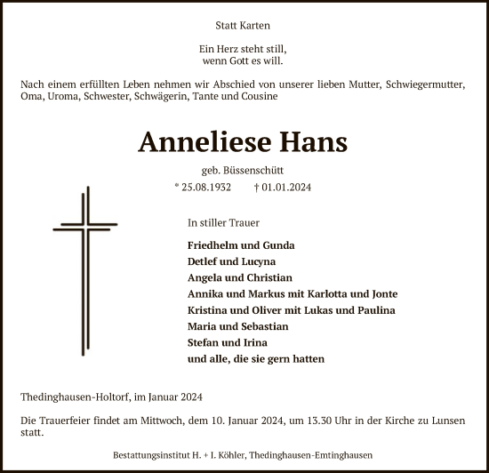 Traueranzeige von Anneliese Hans von SYK