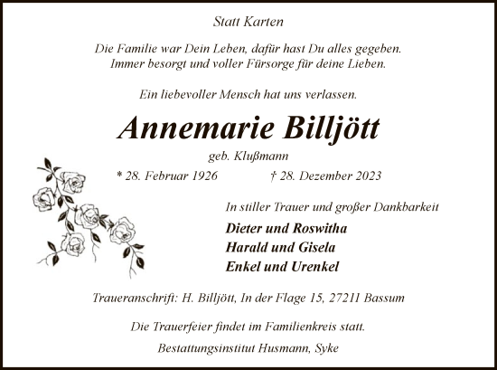 Traueranzeige von Annemarie Billjött