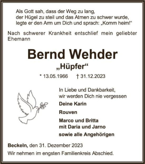 Traueranzeige von Bernd Wehder von SYKSYK