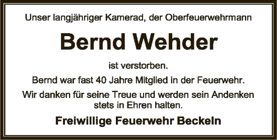 Traueranzeige von Bernd Wehder von SYKSYK