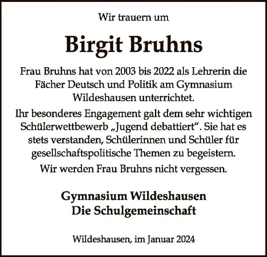 Traueranzeige von Birgit Bruhns von SYK