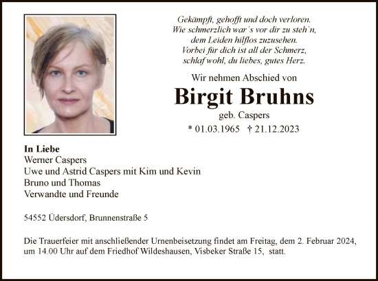 Traueranzeige von Birgit Bruhns von SYK