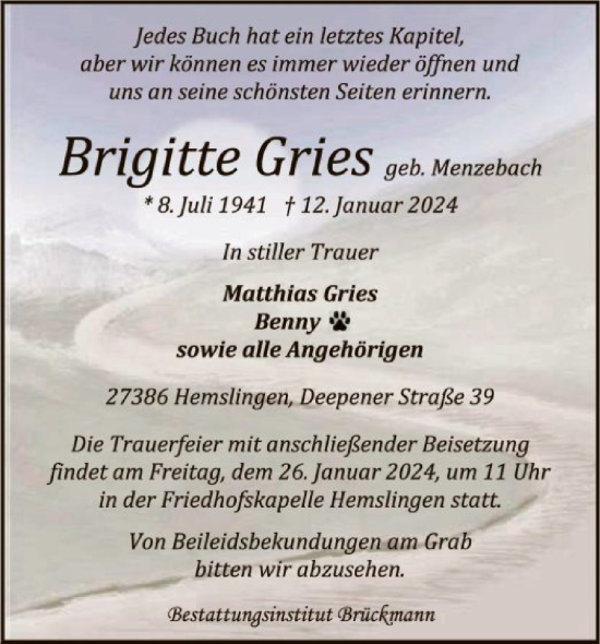 Traueranzeige von Brigitte Gries von SYK