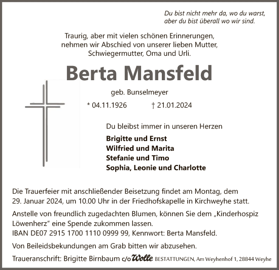 Traueranzeige von Berta Mansfeld von SYK
