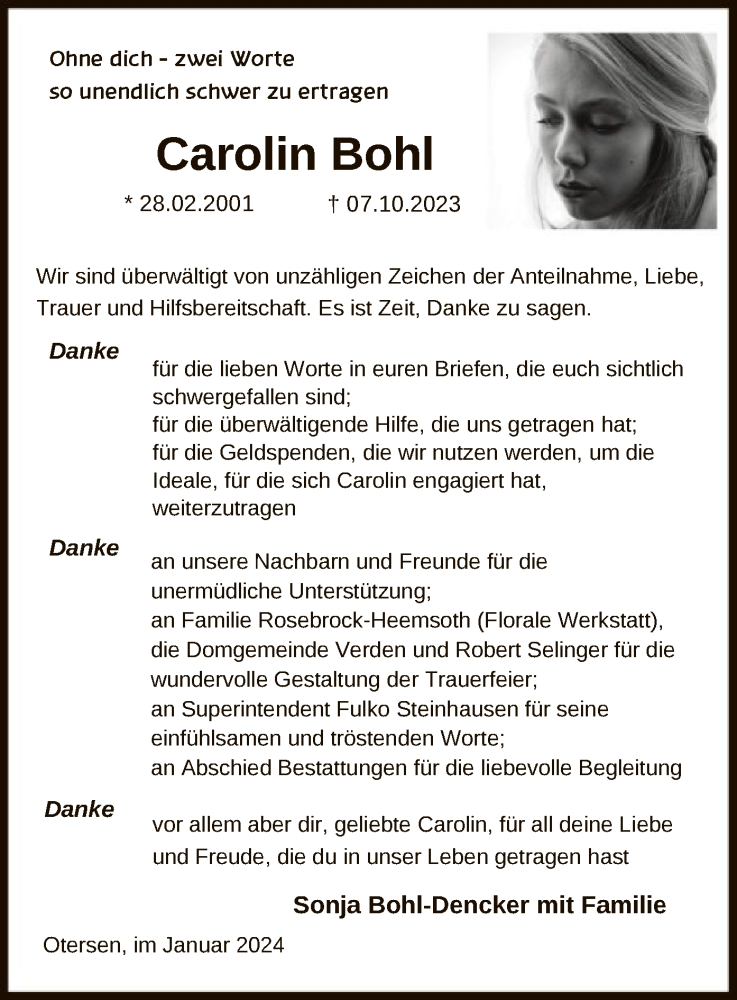  Traueranzeige für Carolin Bohl vom 13.01.2024 aus SYK