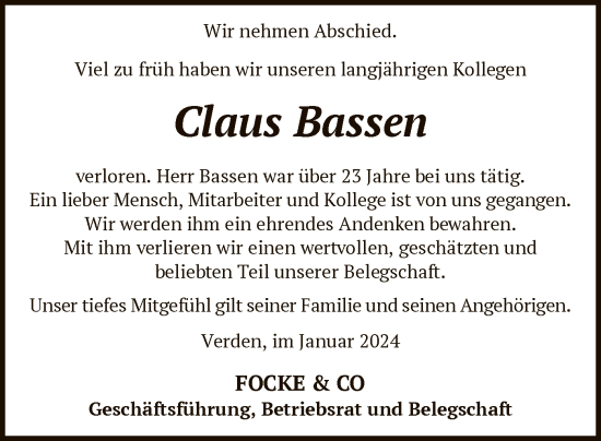 Traueranzeige von Claus Bassen von SYK