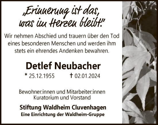 Traueranzeige von Detlef Neubacher von SYK