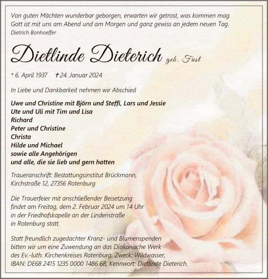 Traueranzeige von Dietlinde Dieterich von SYK