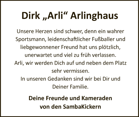 Traueranzeige von Dirk Arlinghaus von SYK