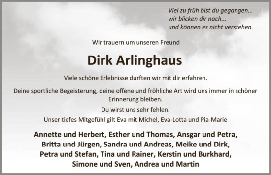 Traueranzeige von Dirk Arlinghaus von SYK