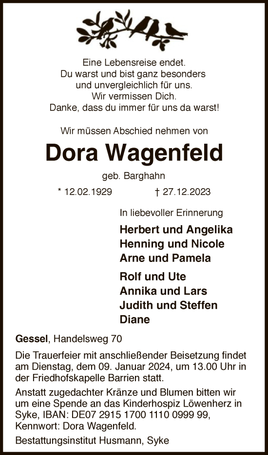 Traueranzeige von Dora Wagenfeld