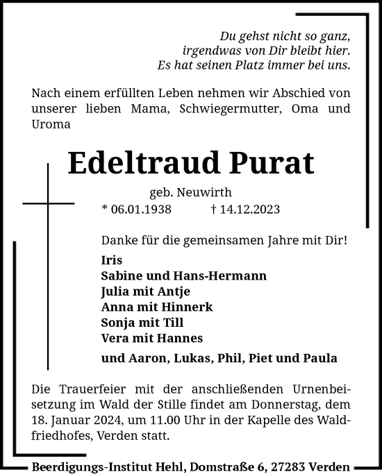 Traueranzeige von Edeltraud Purat von SYK