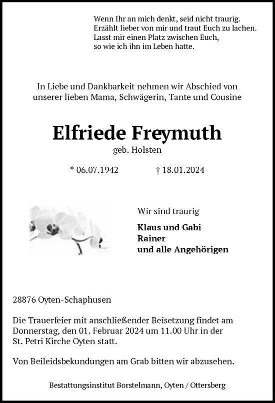 Traueranzeige von Elfriede Freymuth von SYK