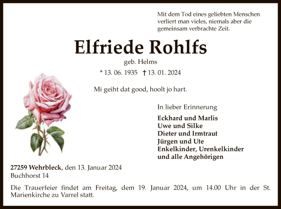 Traueranzeige von Elfriede Rohlfs von SYK
