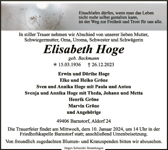 Traueranzeige von Elisabeth Hoge von SYK