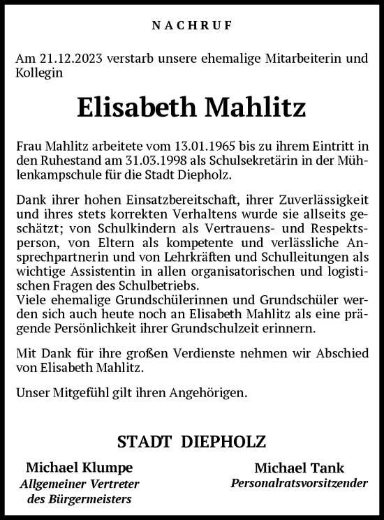 Traueranzeige von Elisabeth Mahlitz von SYK