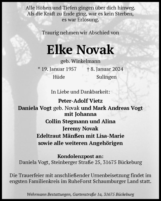 Traueranzeige von Elke Novak von SYK