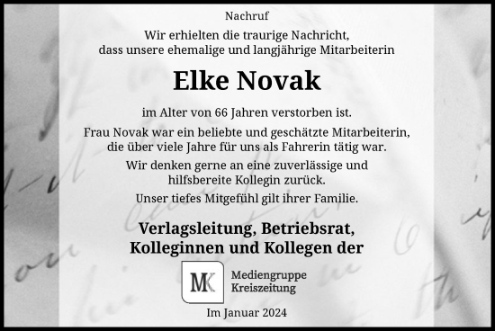 Traueranzeige von Elke Novak von SYK