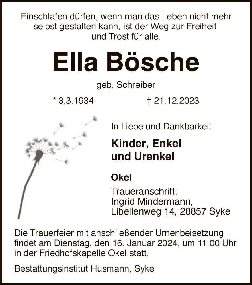  Traueranzeige für Ella Bösche vom 06.01.2024 aus SYK