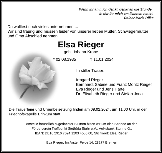 Traueranzeige von Elsa Rieger von SYK