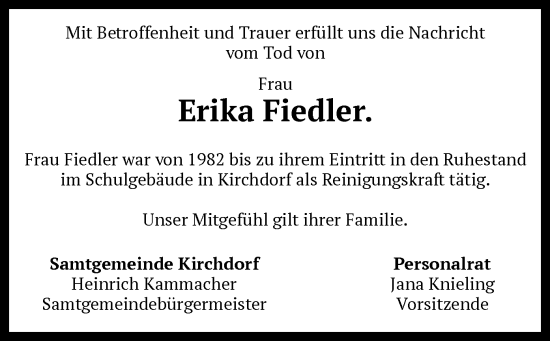 Traueranzeige von Erika Fiedler von SYK