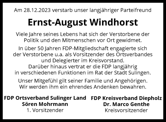 Traueranzeige von Ernst-August Windhorst von SYK