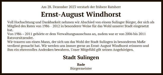 Traueranzeige von Ernst-August Windhorst von SYK