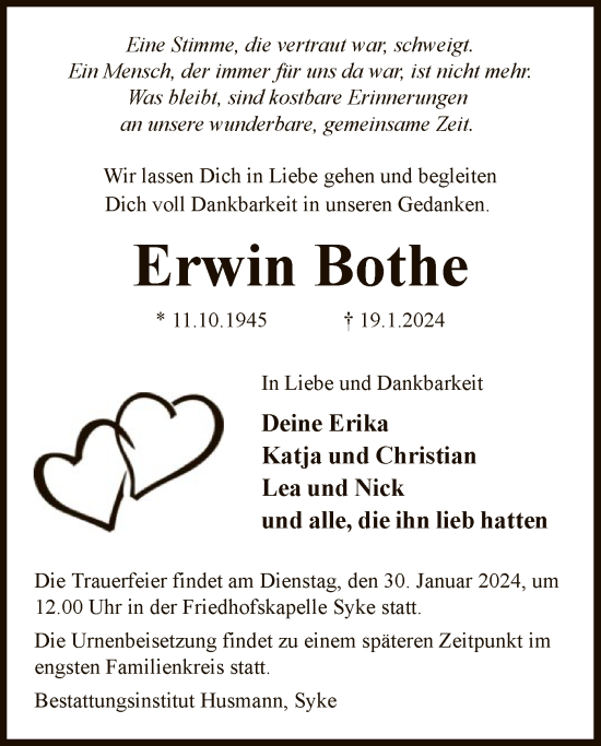 Traueranzeige von Erwin Bothe