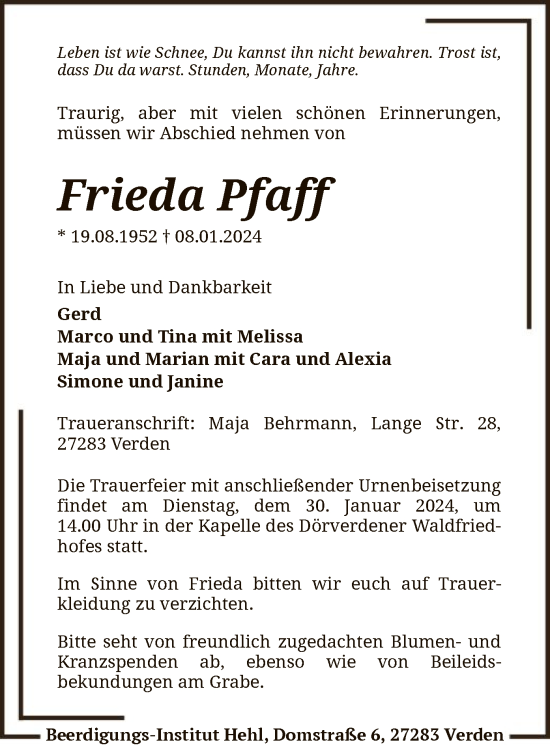 Traueranzeige von Frieda Pfaff von SYK