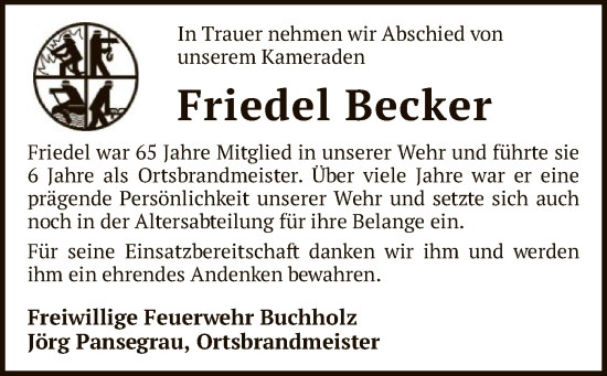 Traueranzeige von Friedel Becker von SYK