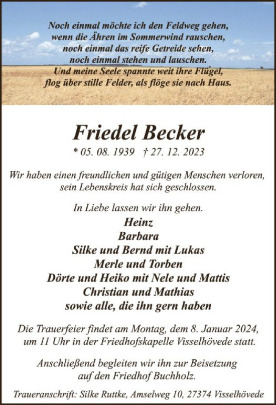 Traueranzeige von Friedel Becker von SYK