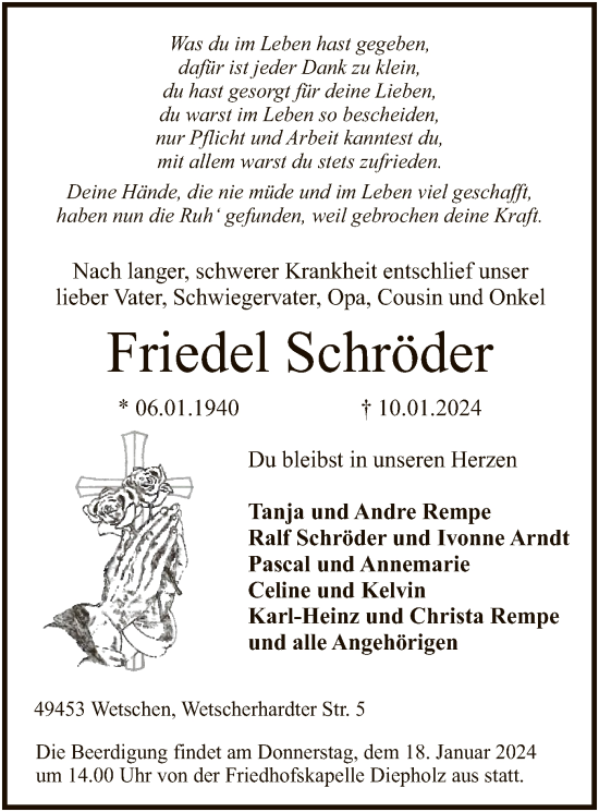 Traueranzeige von Friedel Schröder von SYK